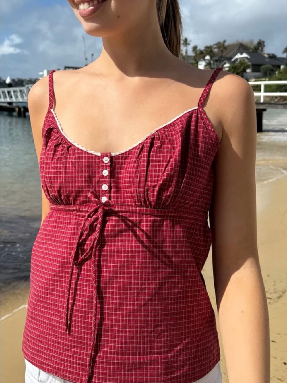 Brandy Melville Red and White Tiffany Plaid Tank